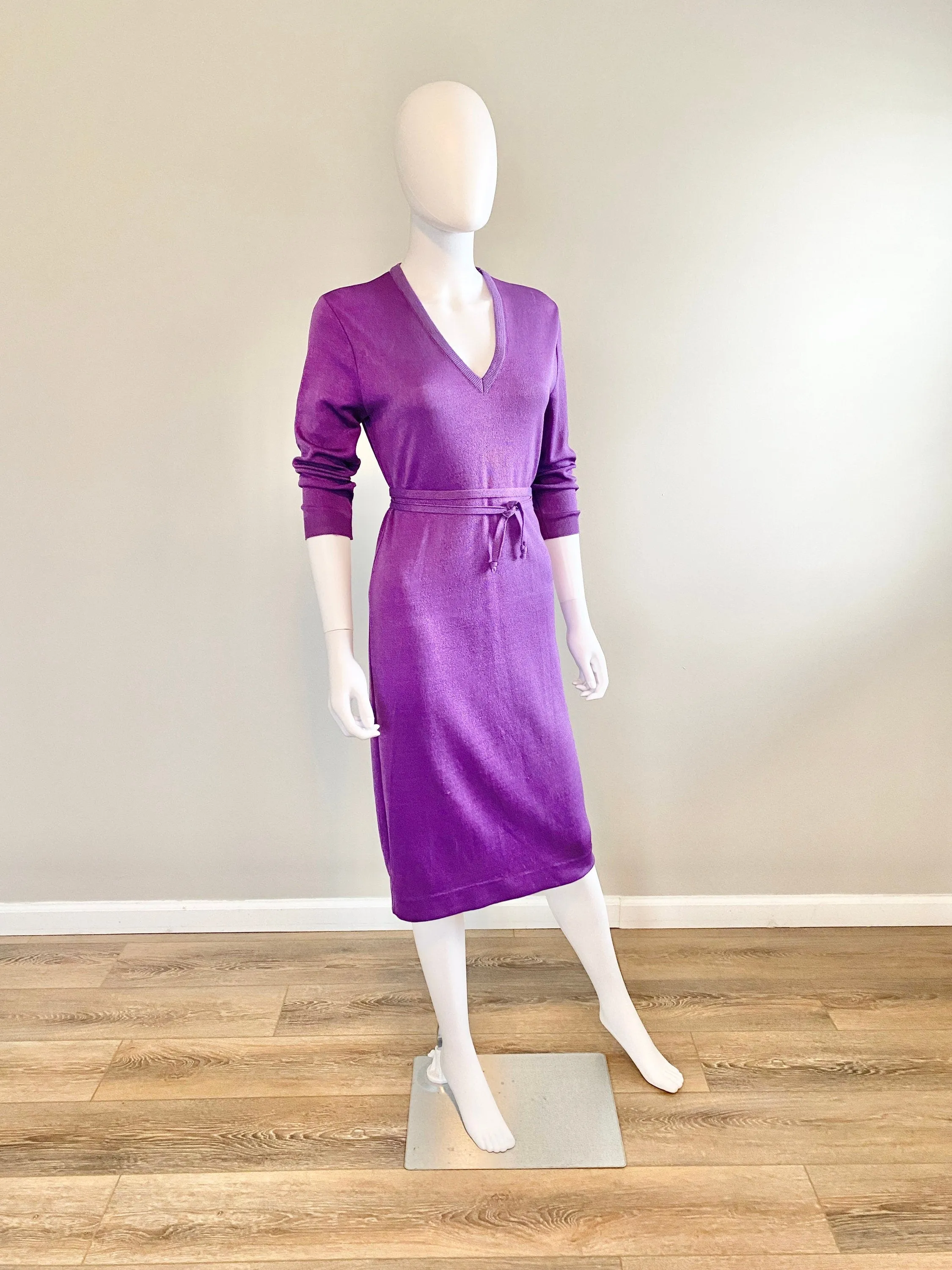 Vintage 1970s Purple Lurex Sweater Dress / 70s retro long sleeve disco dress / Size S M