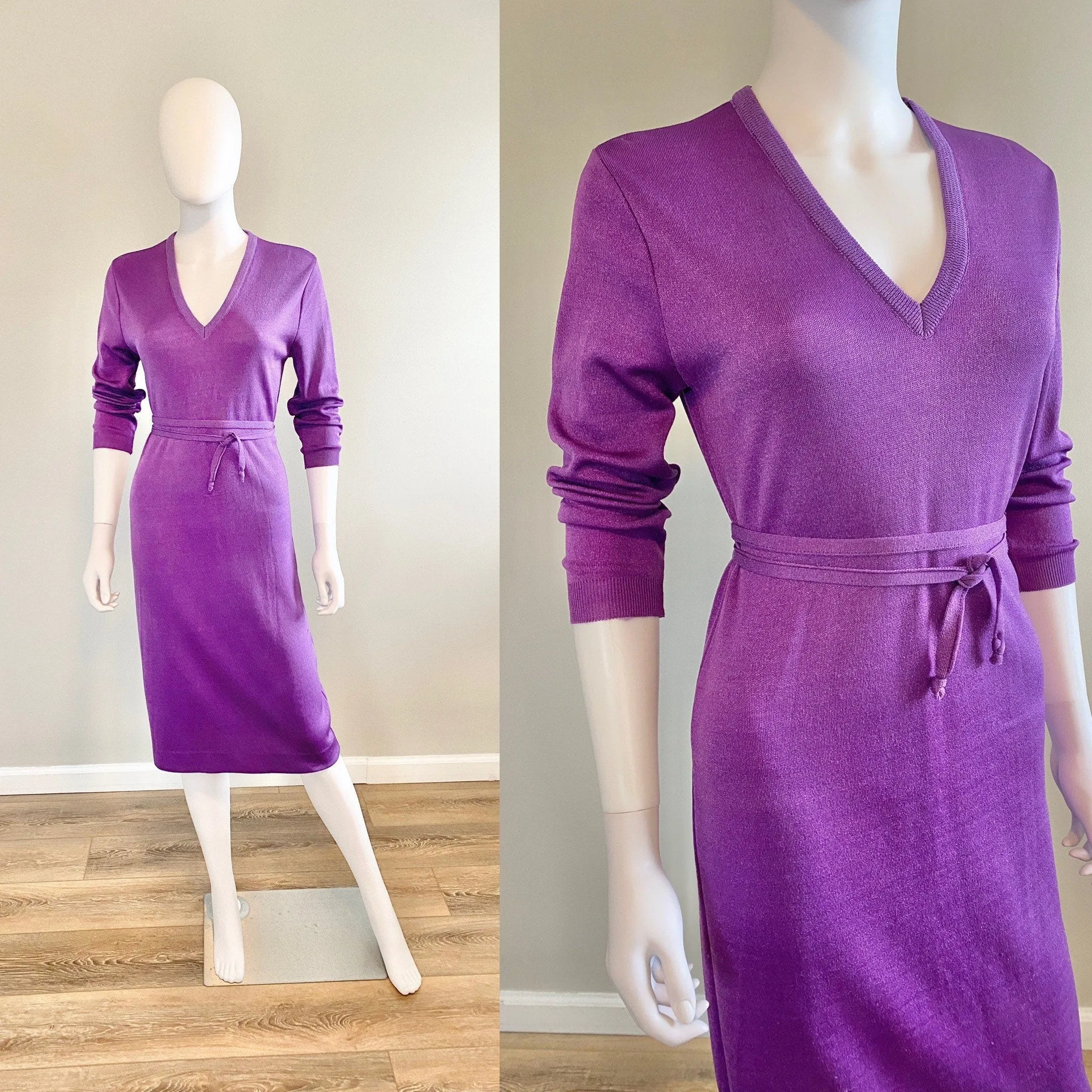 Vintage 1970s Purple Lurex Sweater Dress / 70s retro long sleeve disco dress / Size S M