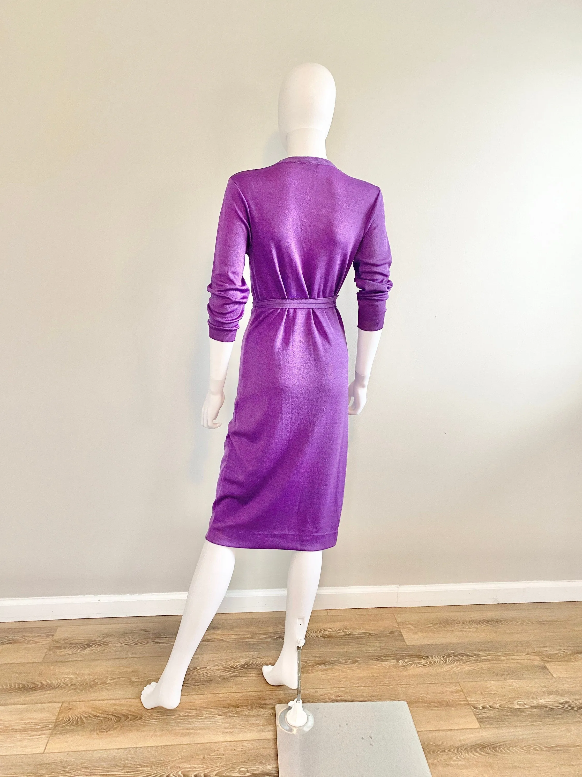 Vintage 1970s Purple Lurex Sweater Dress / 70s retro long sleeve disco dress / Size S M