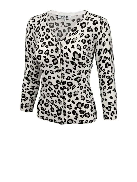 YEMAK Women's Leopard Pattern 3/4 Sleeve V-Neck Button Down Knit Sweater Cardigan CO078LEO (S-XL)